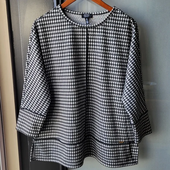 Jones New York Houndstooth Jacquard Top Women's Med Black White Multi 3/4-Sleeve - Picture 2 of 12